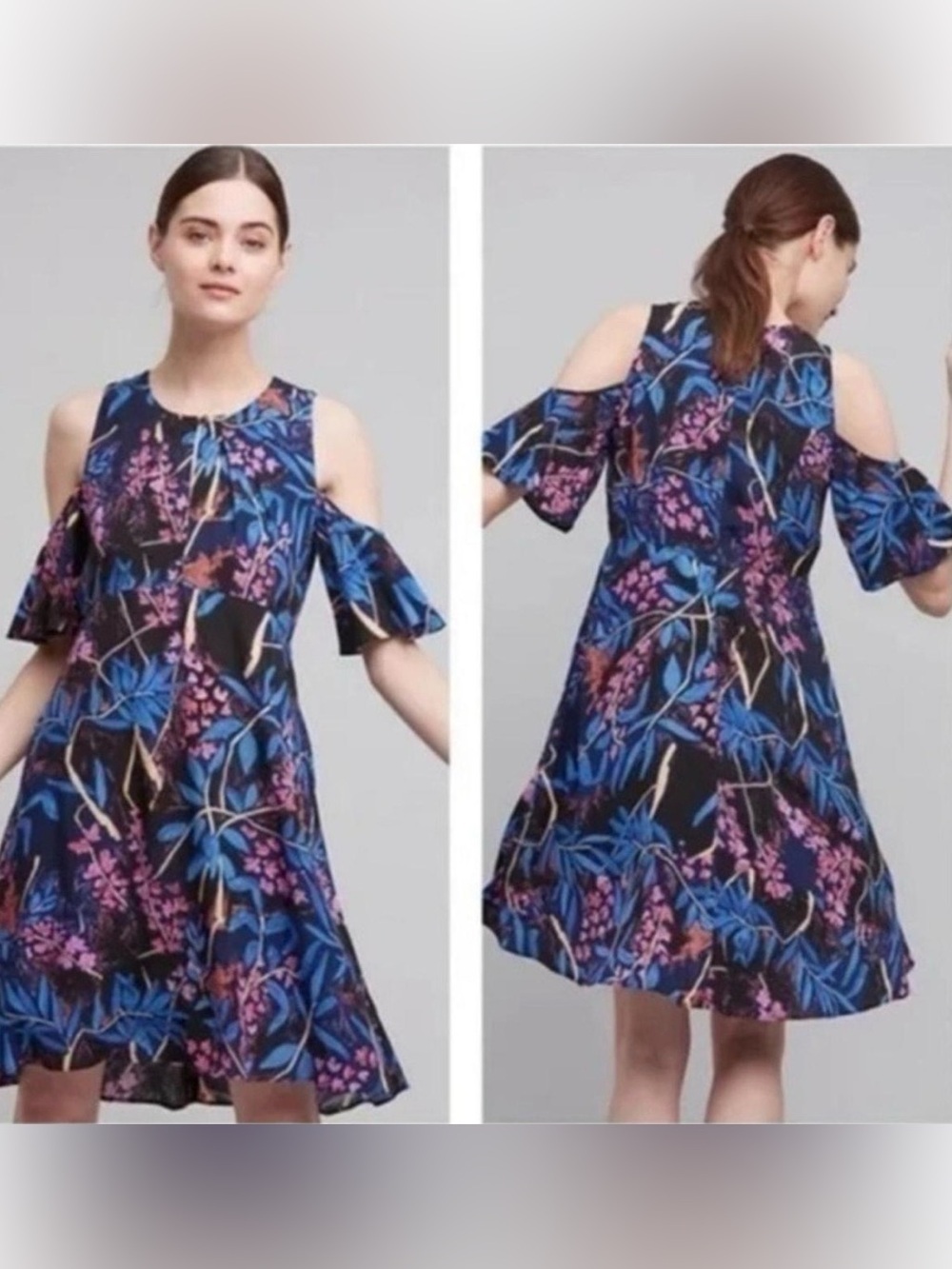Anthropologie Maeve Elia Cold Shoulder Midi Dress 14 tropical botanical floral